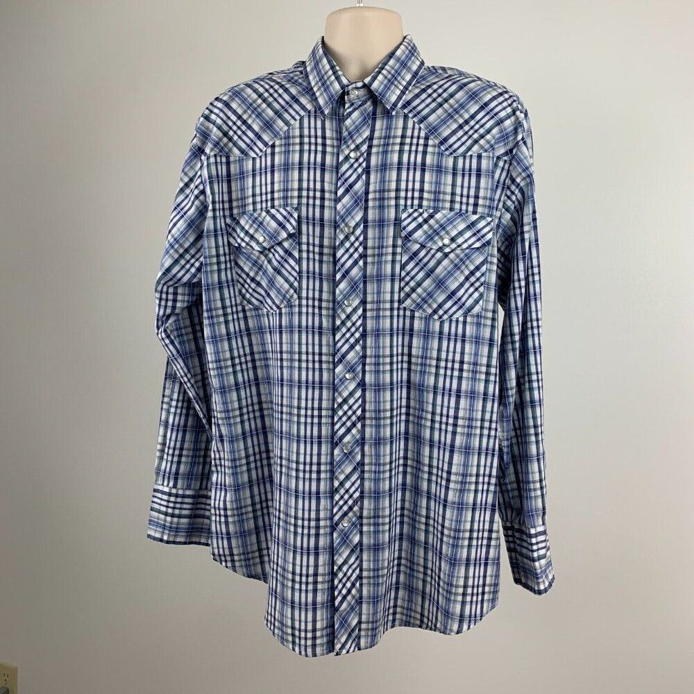 Roper sz  XL Shirt Pearl Snap Plaid Blue Flannel Pockets Silver Western Cowboy
